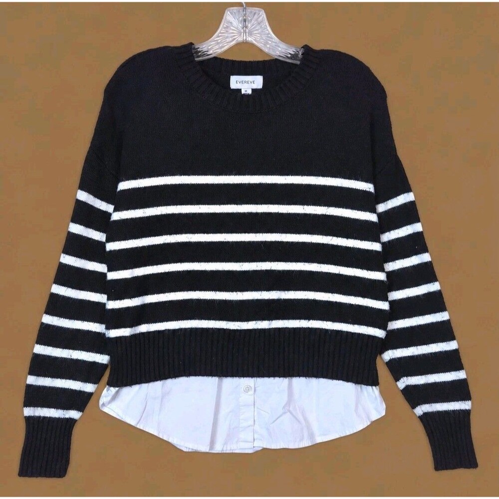 EVEREVE Womens Twofer Sweater M  Black White Striped Crew Neck Pullover Preppy